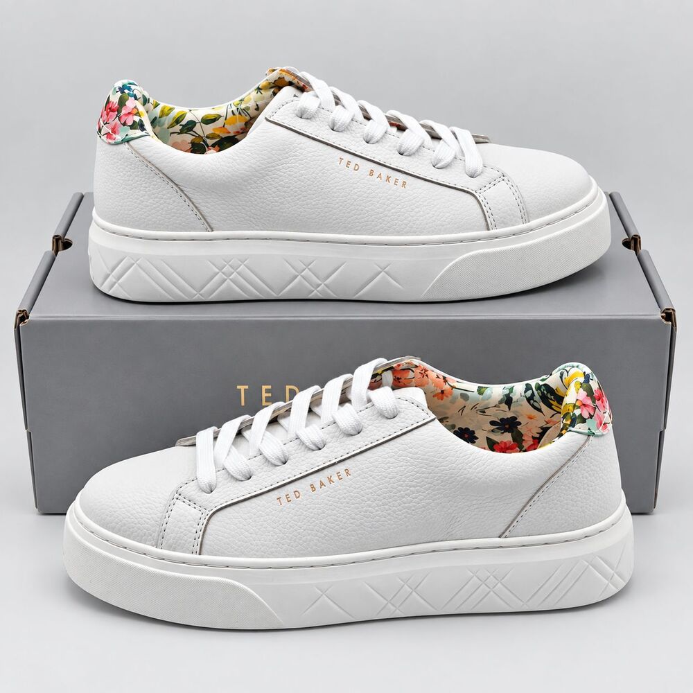 Ted Baker Womens White Leather Floral Platform Sneakers Casual Shoes Pick Size